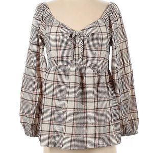 NWOT AVLN Studio by Stitch Fix, Beige Plaid Boho Off Shoulder‎ Blouse, Large